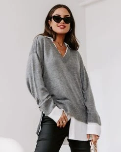 BLU-001 Get Down To Biz Knit Contrast Sweater - Grey - FINAL SALE