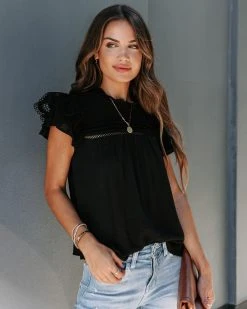 BLU-001 Meadow Crochet Ruffle Sleeve Top - Black - FINAL SALE