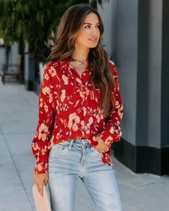 LUMI-001 Reed Plisse Floral Button Up Blouse - FINAL SALE