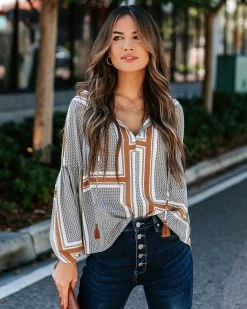 AAKA-001 Time Will Tell Printed Tassel Tie Blouse - Camel - FINAL SALE