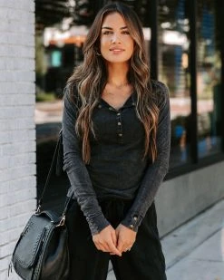 MUST-001 Daralynn Cotton Long Sleeve Henley - Washed Black - FINAL SALE