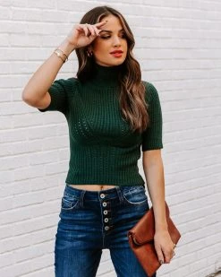 DRES-001 Ashtyn Cotton Blend Crop Turtleneck Top - Pine - FINAL SALE