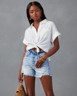 LE L-001 Krissy Cotton Woven Button Down Top - White