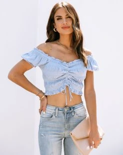 VINT-001 Elowyn Smocked Ruched Crop Top - Dusty Blue - SALE