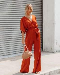 OLIA-001 Empowered Satin Pocketed Jumpsuit - Burnt Orange - FINAL SALE