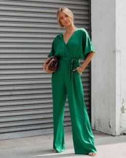 OLIA-001 Empowered Satin Pocketed Jumpsuit - Green - FINAL SALE