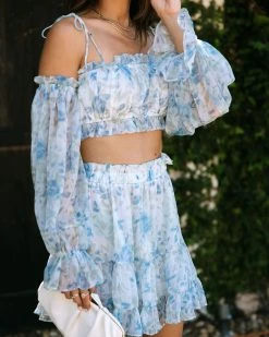MABL-001 Ever Mine Floral Chiffon Off The Shoulder Crop Top - Blue - SALE