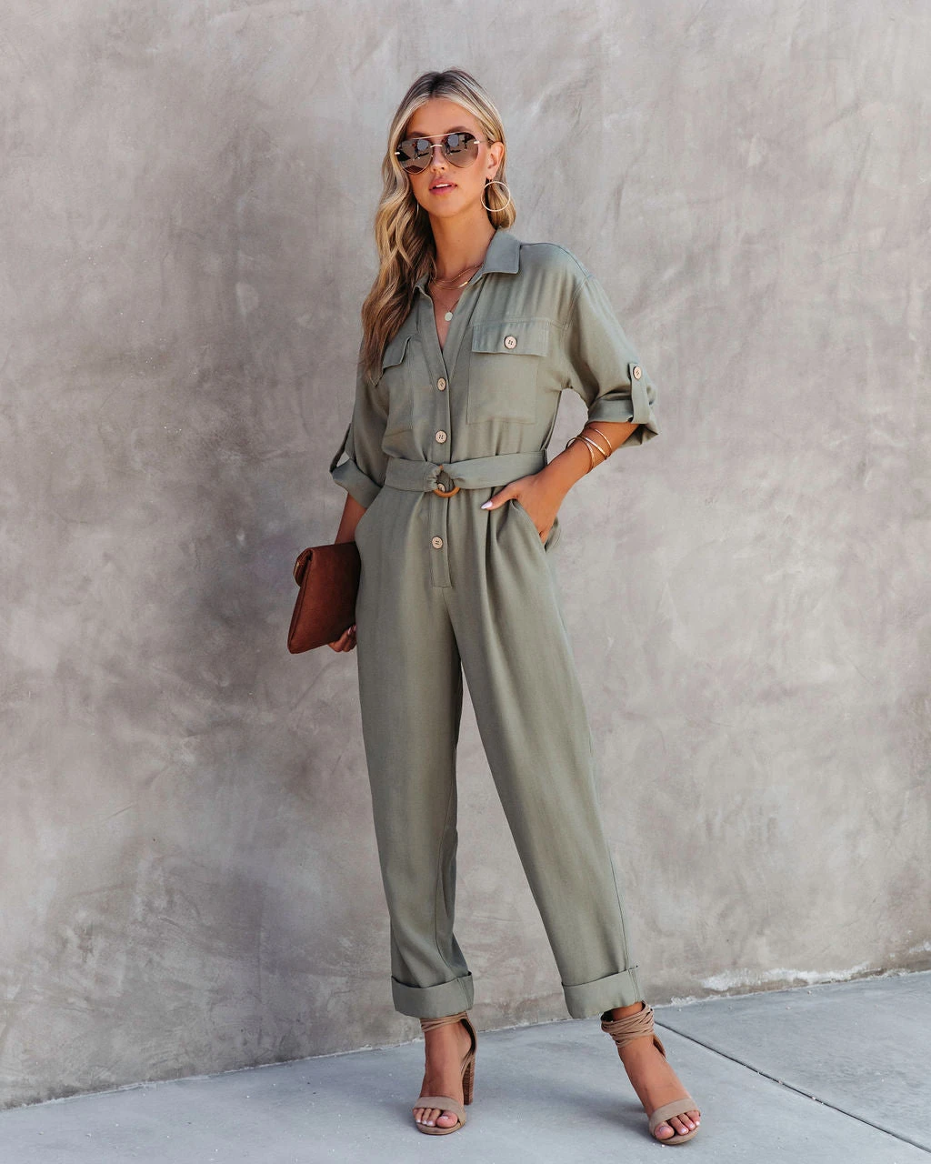 FATE-001 Exploring The Orchards Pocketed Belted Jumpsuit - Olive - FINAL SALE