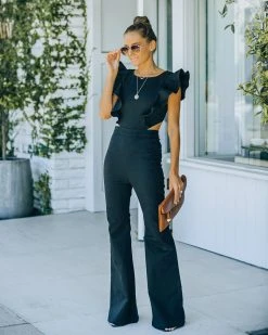 SALT-001 Kadie Cotton Blend Flared Denim Jumpsuit - Black - FINAL SALE