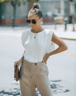 NAKE-001 Fancy Gal Satin Padded Shoulder Top - White - FINAL SALE