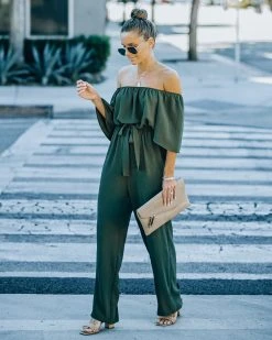 VANI-001 Leiland Off The Shoulder Jumpsuit - Olive - FINAL SALE