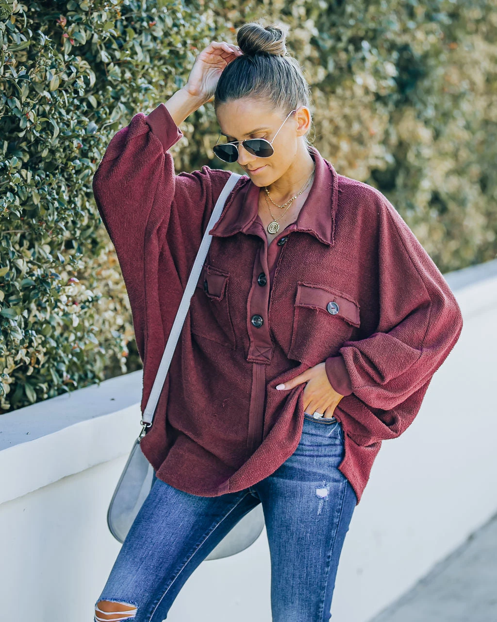 BUCK-001 Kiandra Cotton French Terry Henley Top - Burgundy - FINAL SALE - Image 5