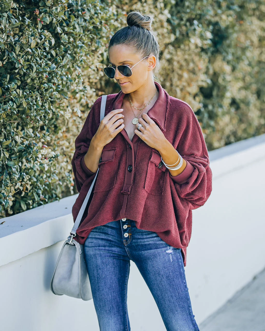 BUCK-001 Kiandra Cotton French Terry Henley Top - Burgundy - FINAL SALE