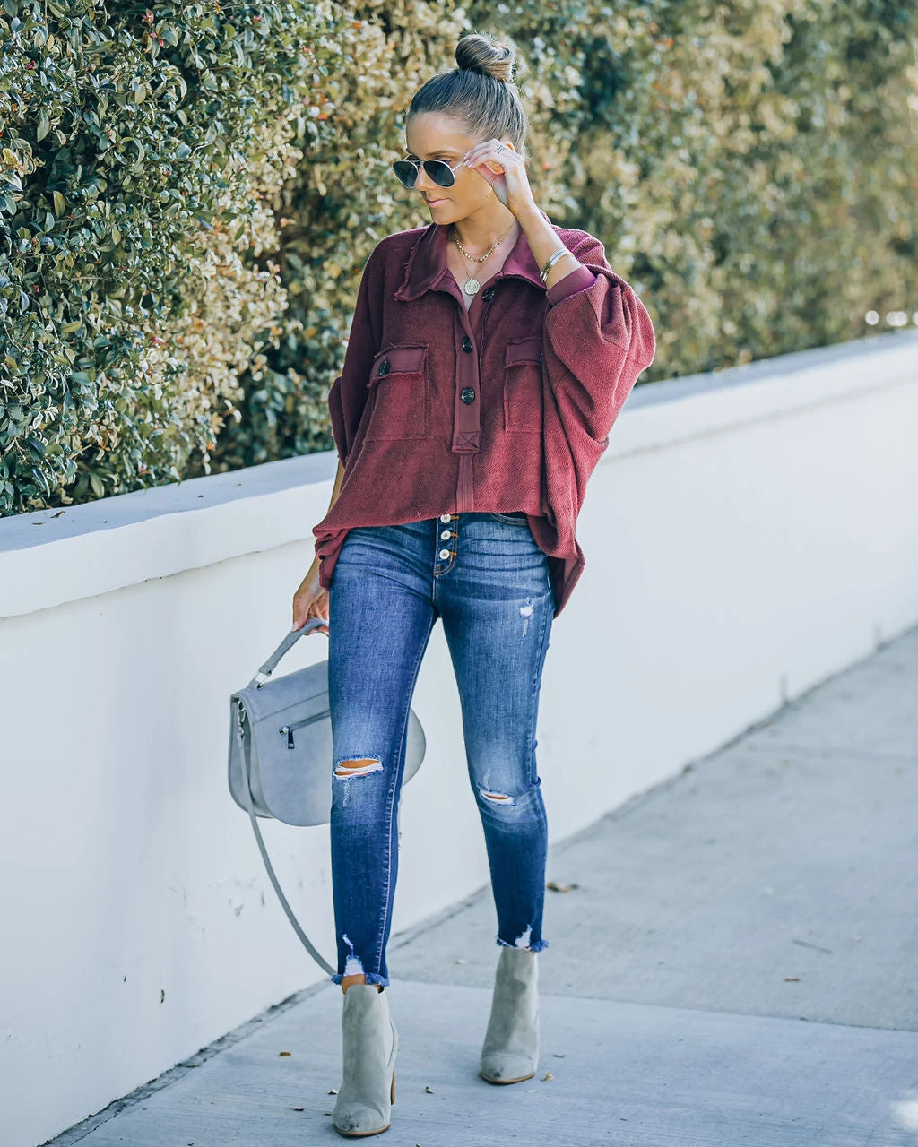 BUCK-001 Kiandra Cotton French Terry Henley Top - Burgundy - FINAL SALE - Image 3