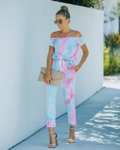 FATE-001 Kola Pocketed Tie Dye Off The Shoulder Knit Jumpsuit - Mint Pink - LAST CHANCE