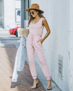 FATE-001 Yanna Pocketed Drawstring Knit Jumpsuit - Blush - FINAL SALE