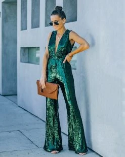ON T-001 Dancing On Air Sequin Jumpsuit - Forest Green - FINAL SALE