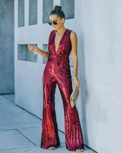 ON T-001 Dancing On Air Sequin Jumpsuit - Burgundy - FINAL SALE