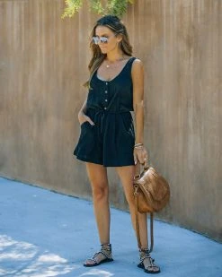 FLAW-001 Irving Crinkled Cotton Pocketed Romper - Black - LAST CHANCE