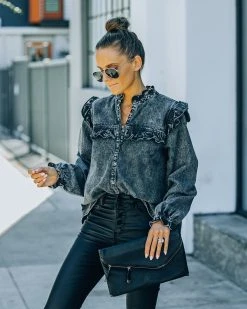 ENTR-001 Giuliana Button Down Ruffle Acid Wash Top - FINAL SALE