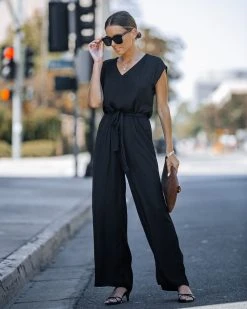 NAKE-001 Look At Me Now Satin Pocketed Wide Leg Jumpsuit - Black - FINAL SALE