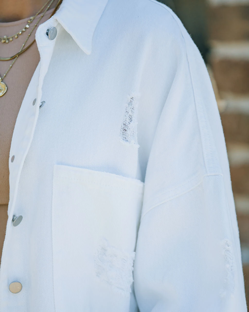 POL-001 Thinking Out Loud Cotton Distressed Denim Jacket - Off White - Image 4