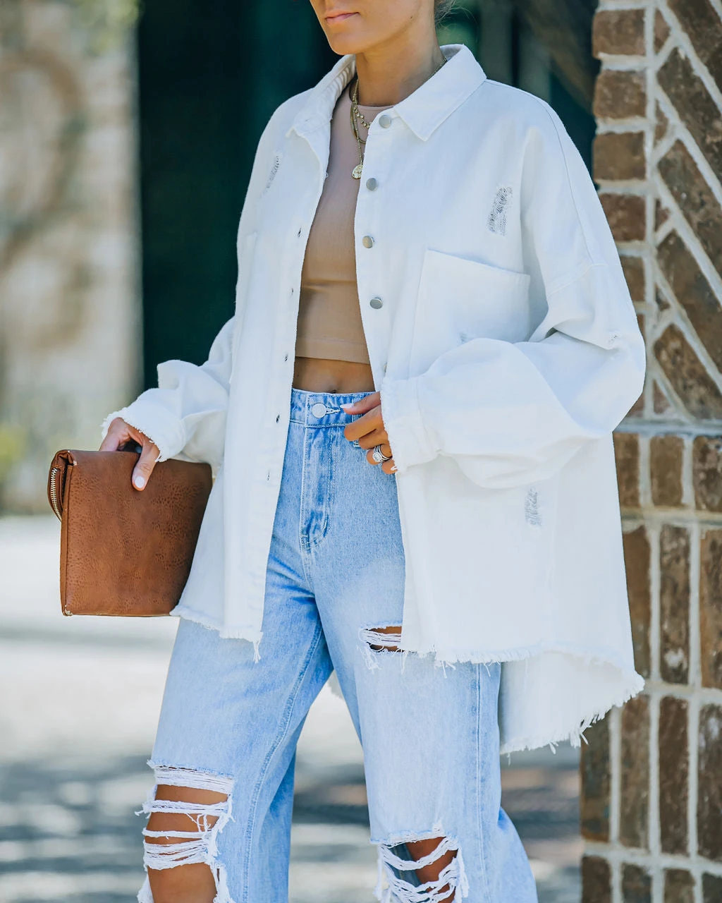 POL-001 Thinking Out Loud Cotton Distressed Denim Jacket - Off White - Image 9