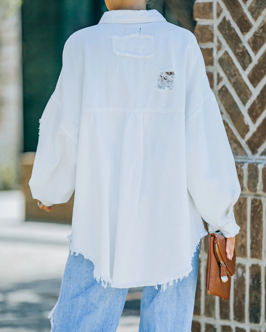 POL-001 Thinking Out Loud Cotton Distressed Denim Jacket - Off White - Image 2