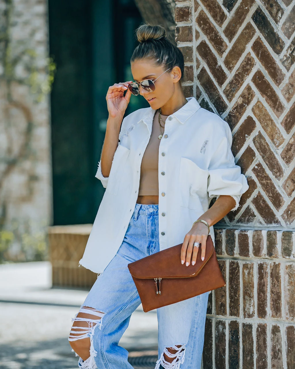 POL-001 Thinking Out Loud Cotton Distressed Denim Jacket - Off White - Image 5