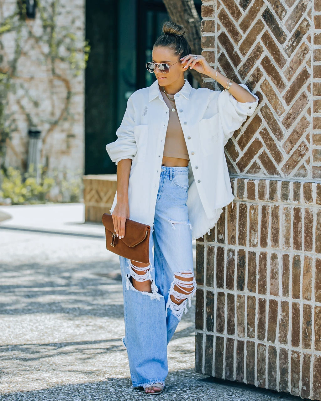 POL-001 Thinking Out Loud Cotton Distressed Denim Jacket - Off White - Image 6