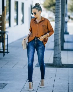 GRAD-001 Ellowyn Printed Satin Button Down Blouse - Spice - FINAL SALE