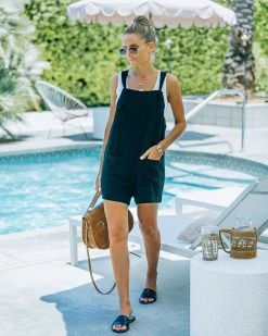 DEE-001 Wear-Ever Linen Blend Pocketed Knot Romper - Black - FINAL SALE