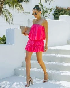 MUST-001 Phoebe Strapless Smocked Romper - Hot Pink - LAST CHANCE