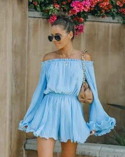 ENDL-001 Smile Wide Pleated Off The Shoulder Romper - Powder Blue - FINAL SALE