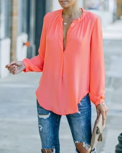 OLIV-001 To The Fullest Split Neck Blouse - Coral - FINAL SALE