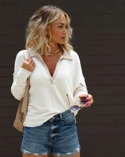 CHRY-001 Oakley Knit Collared Long Sleeve Top - Cream