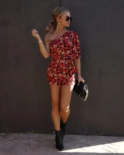 SKYL-002 Kalila Floral One Shoulder Tie Romper - Red Multi