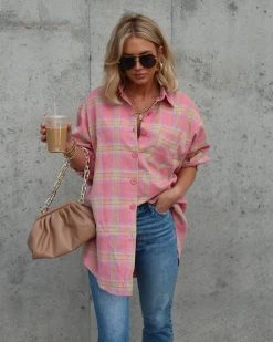 INT-001 Aniston Plaid Oversized Button Down Top - Pink - SALE