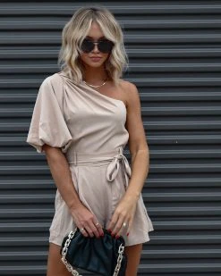 ENTR-001 Donna One Shoulder Front Tie Romper - Beige - FINAL SALE