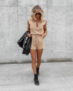 STRU-001 Harbor Dates Knit Half Zip Pocketed Romper - Tan