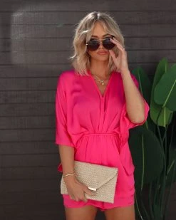 AAKA-001 Helena Satin Kimono Sleeve Romper - Fuchsia