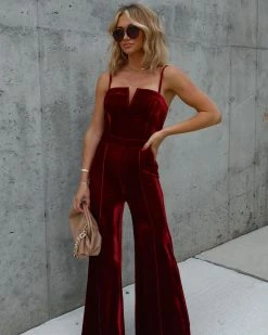 SALT-001 Bristol Velvet Wide Leg Jumpsuit - Burgundy - FINAL SALE
