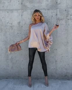 TYCH-001 Citizen Of The World Satin One Shoulder Top - Champagne - FINAL SALE