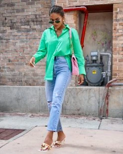 ON T-001 La Brisa Button Up Cotton Top - Kelly Green - FINAL SALE