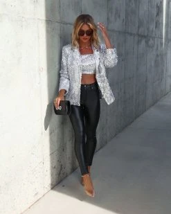 MABL-001 Born To Be Glam Sequin Pocketed Blazer - Silver - FINAL SALE