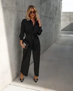 DRES-001 Pull It Together Satin Pocketed Jumpsuit - Black