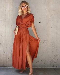 MUST-001 Weekend Plans Wide Leg Side Slit Jumpsuit - Rust - FINAL SALE