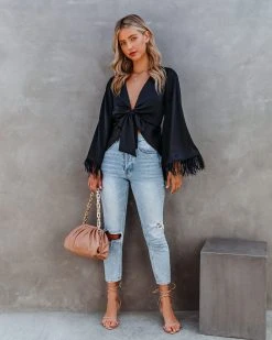 FATE-001 Feathers In The Wind Bell Sleeve Tie Blouse - Black - FINAL SALE