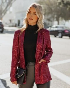 ON T-001 Festive Flair Pocketed Sequin Blazer - Burgundy - FINAL SALE