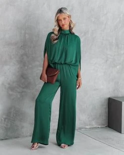 TYCH-001 Fiorella Satin Wide Leg Jumpsuit - Hunter Green - FINAL SALE